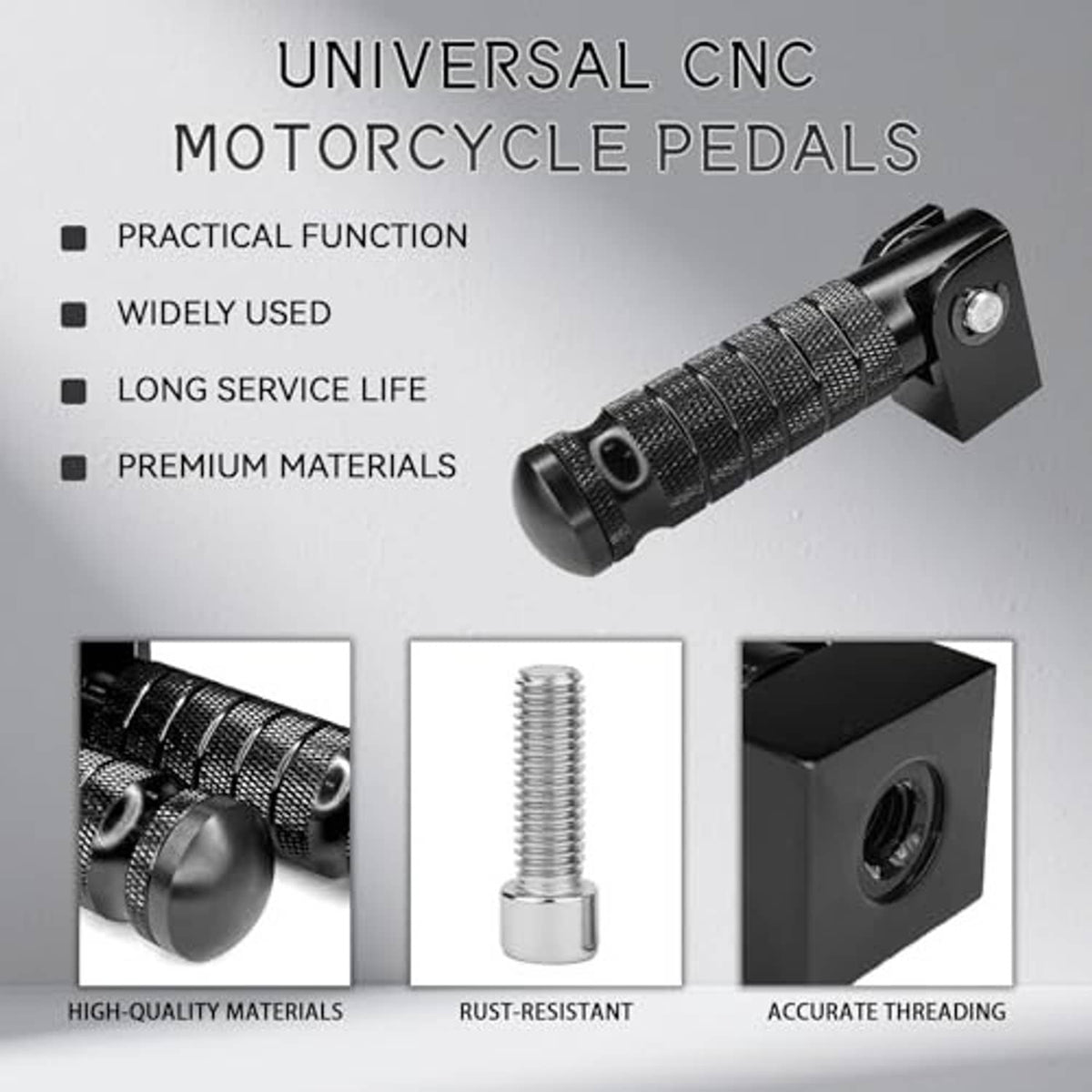 Black CNC-style foot pegs with textured grips, mounting blocks, and included bolts