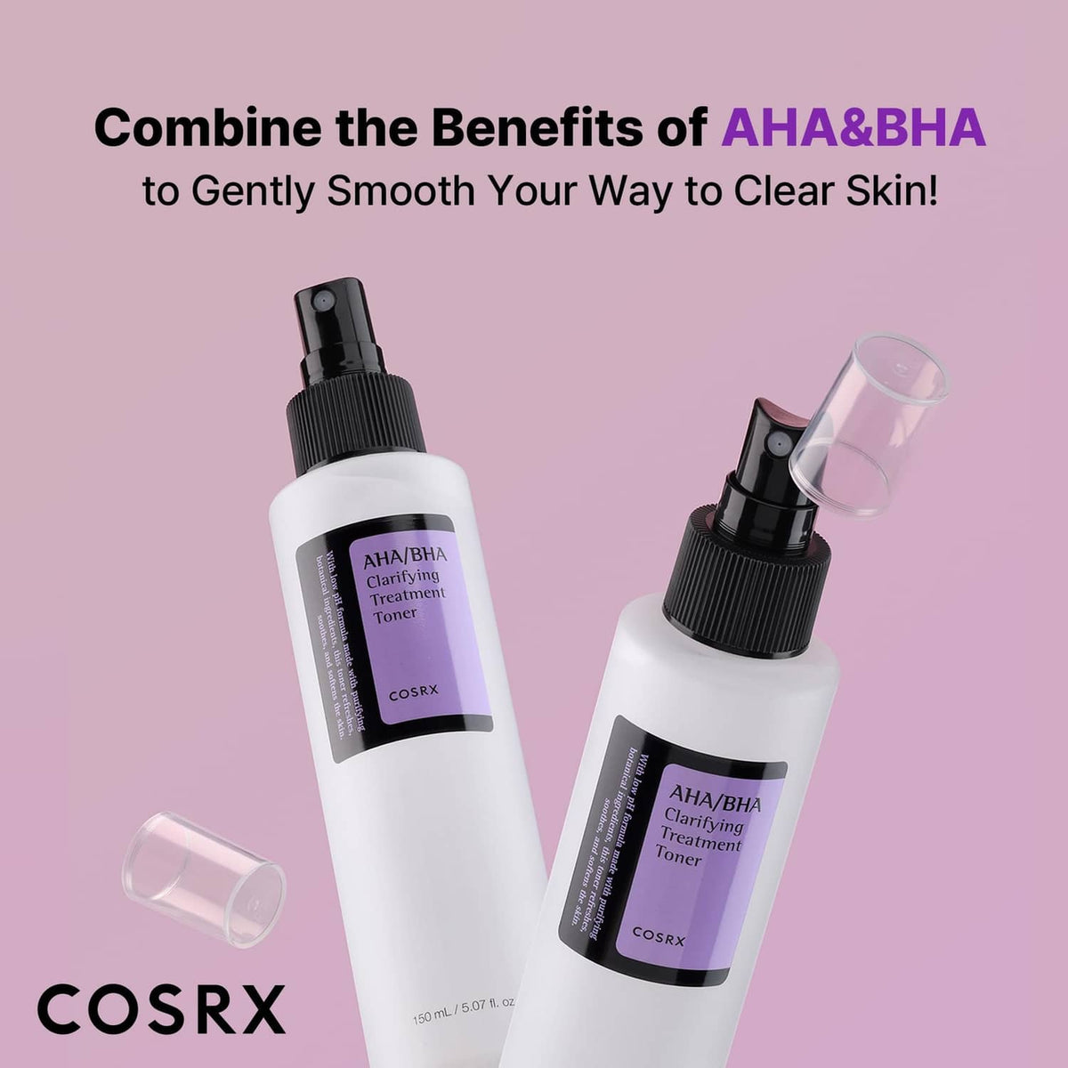 Two AHA/BHA clarifying toner bottles with black sprayers and purple labels