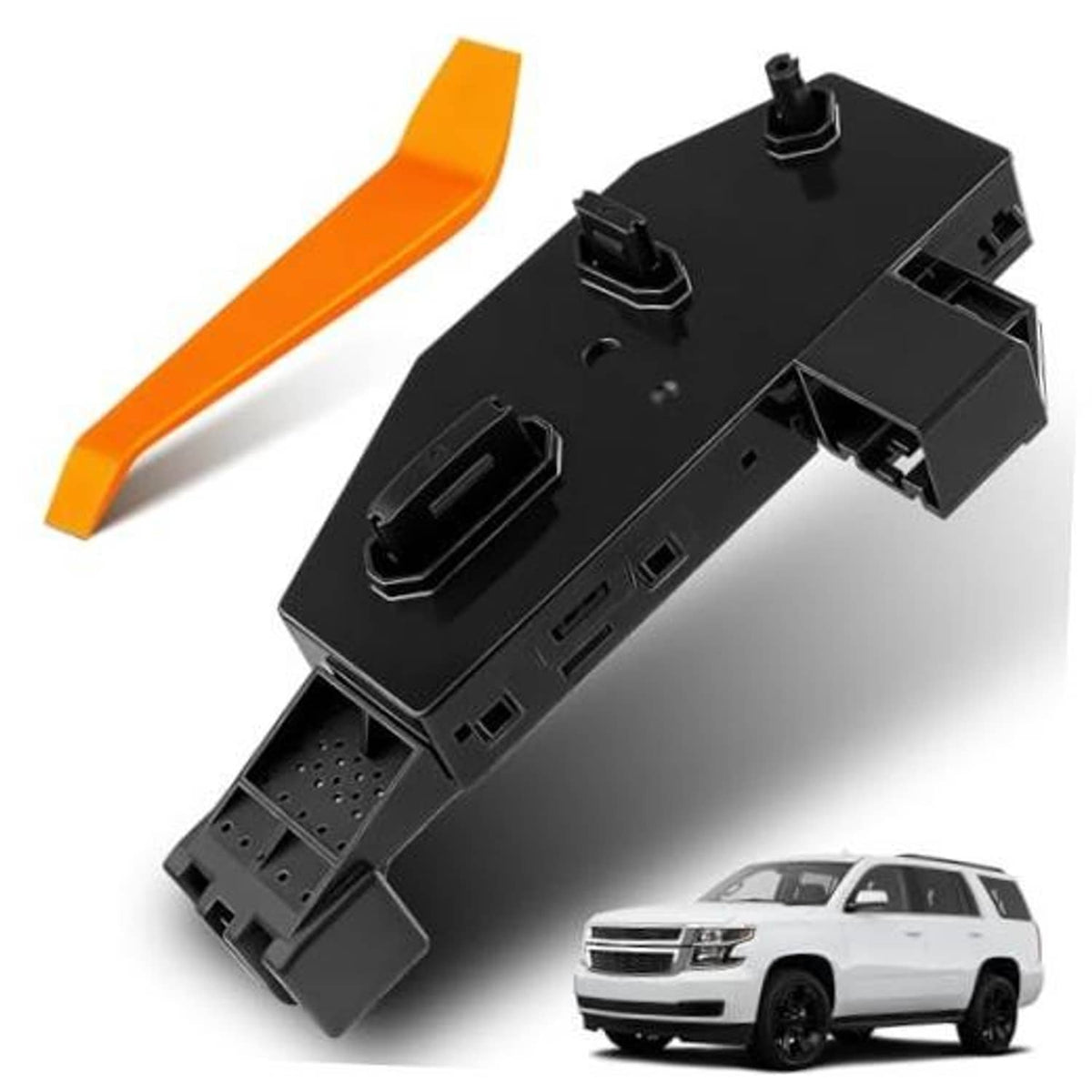 Black power seat adjust control switch module with mounting tabs and electrical connectors
