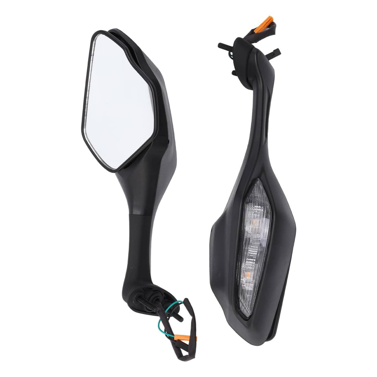 Pair of black mirrors with clear lenses, LED turn-signal lamp, and wiring connectors