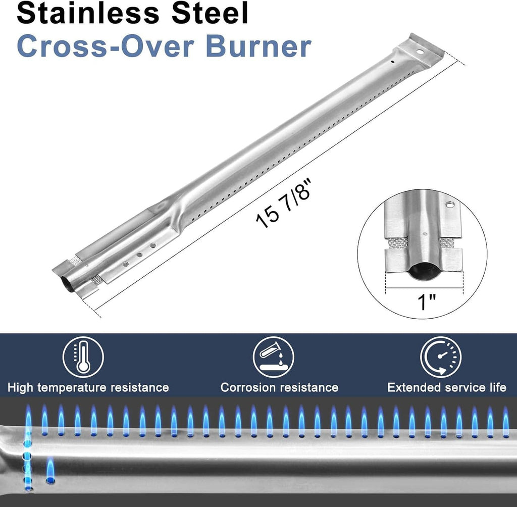 Stainless steel cross-over burner tube with vent holes and end fitting