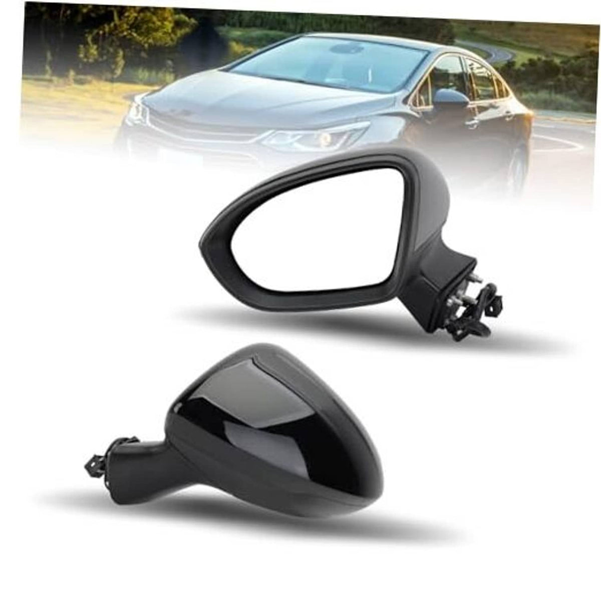 Black driver-side replacement side mirror with manual folding housing and mounting bracket