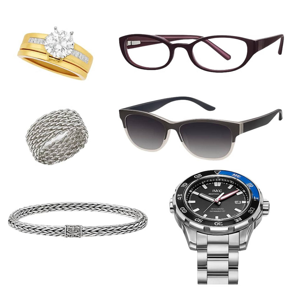 Assorted items for ultrasonic cleaning: rings, bracelet, watch, and sunglasses