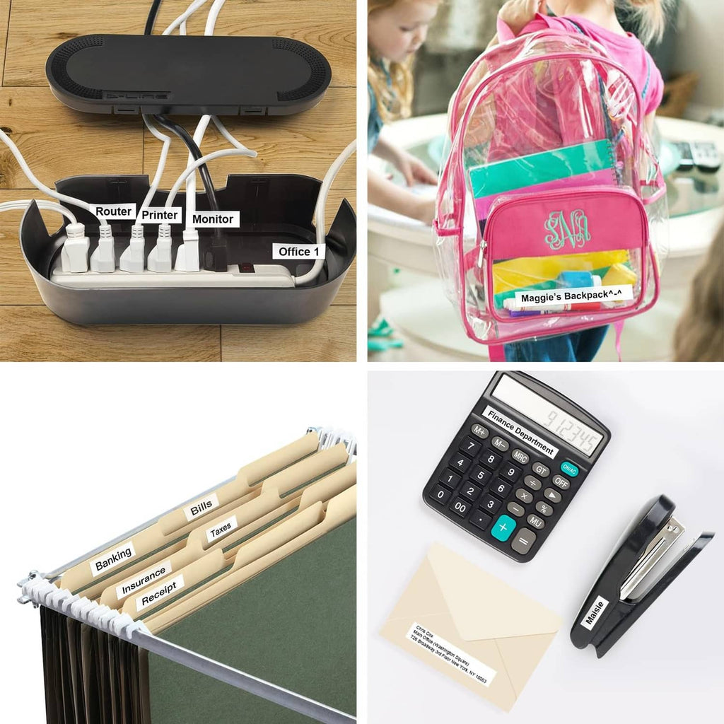 Labeled items and organizer accessories shown with a label-making device case