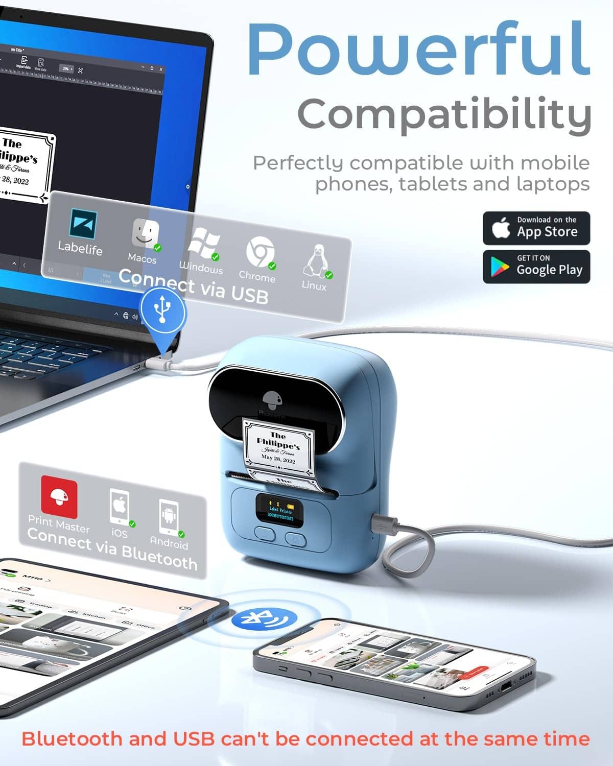 Blue label printer with laptop and mobile devices for wireless printing