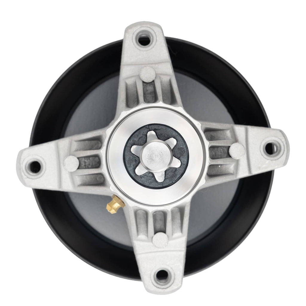 Deck spindle assembly with circular hub plate, silver arms, and black pulley wheel