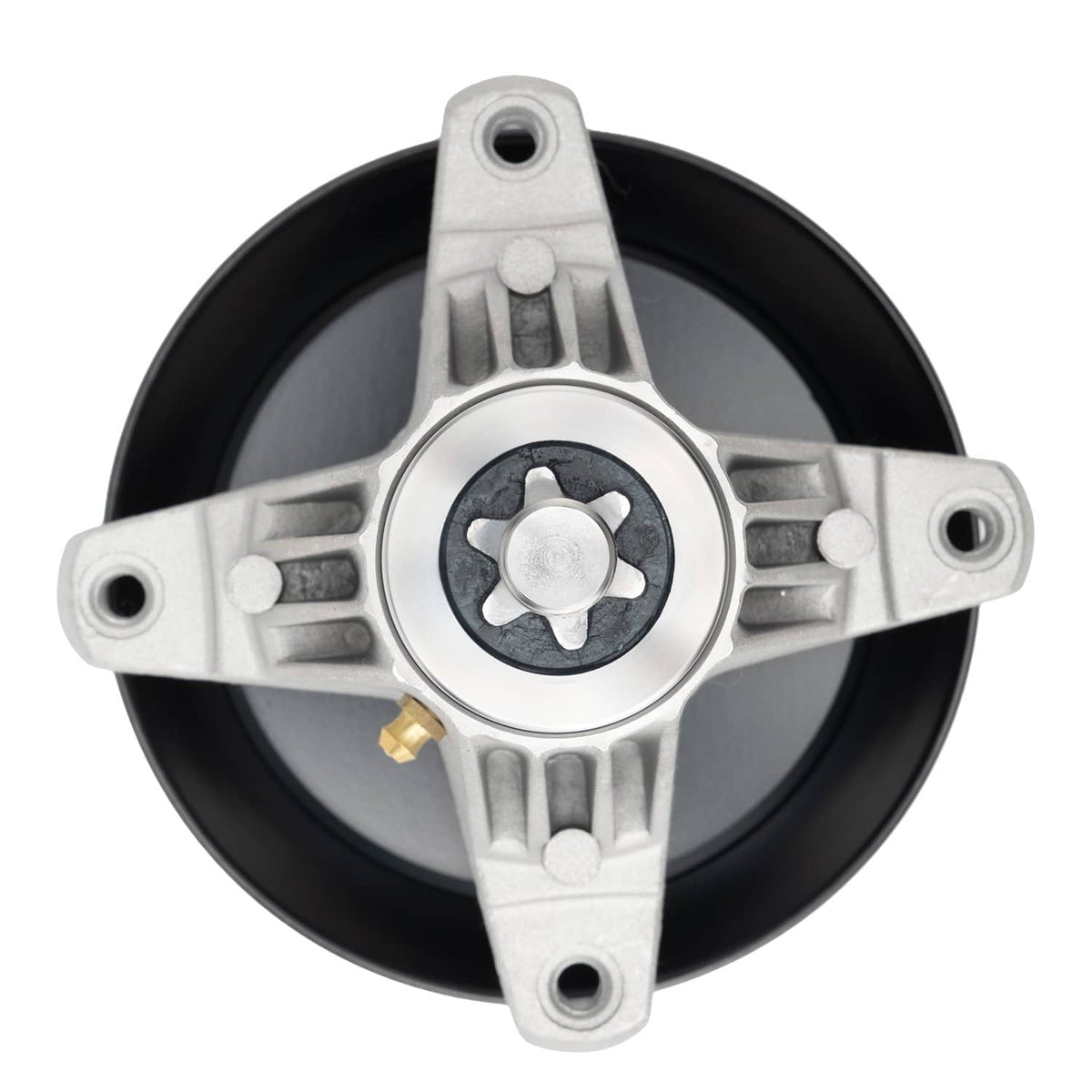Deck spindle assembly with circular hub plate, silver arms, and black pulley wheel