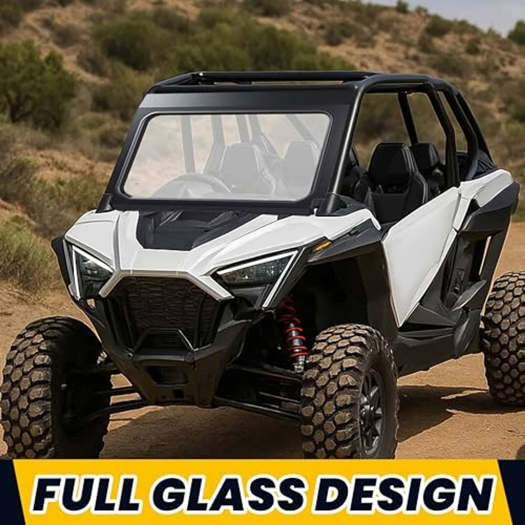 Front full glass windshield on white off-road UTV with black frame