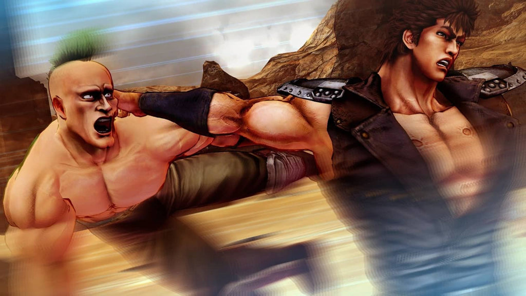 Action gameplay side view of two fighters wrestling with motion blur