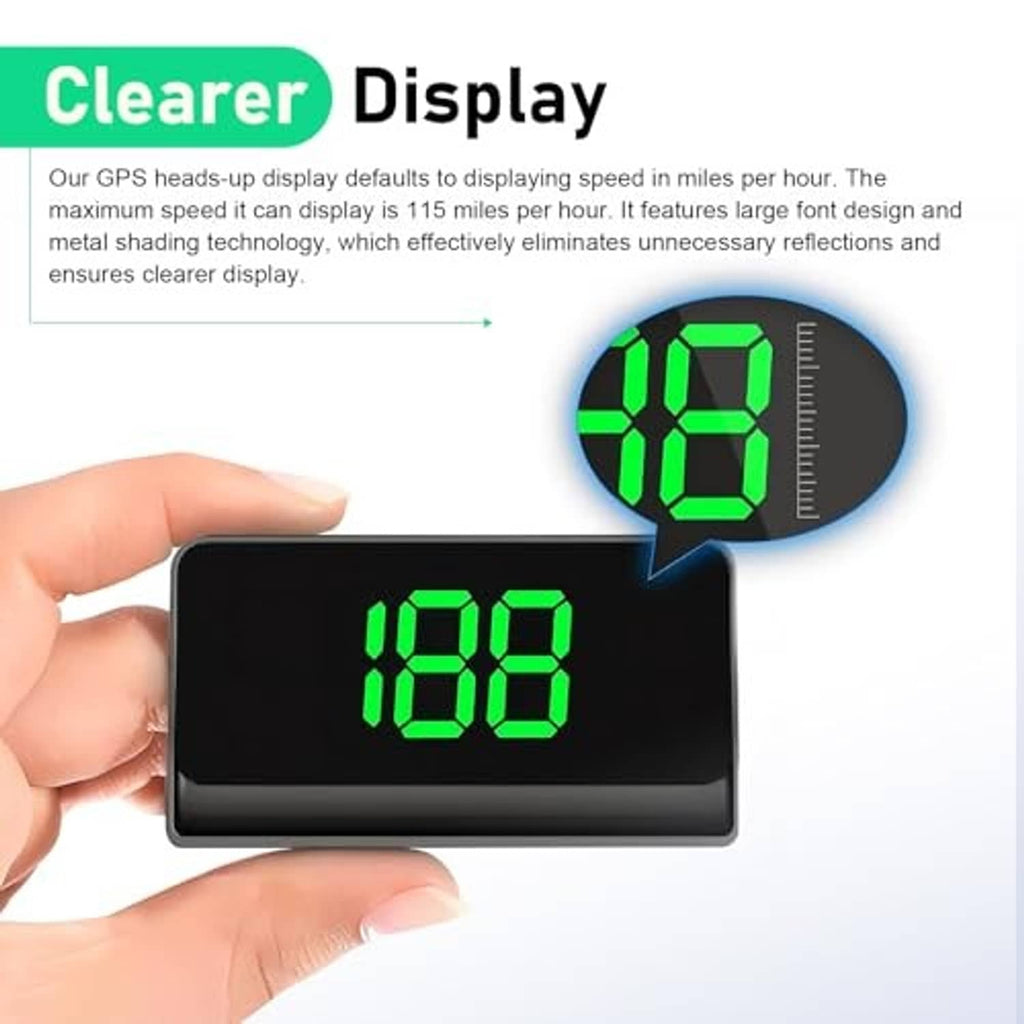 HUD speed display projector, black unit with bright green digits held in hand