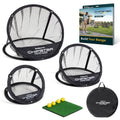 Portable golf chipping net set with three frames, hitting mat, and carry bag