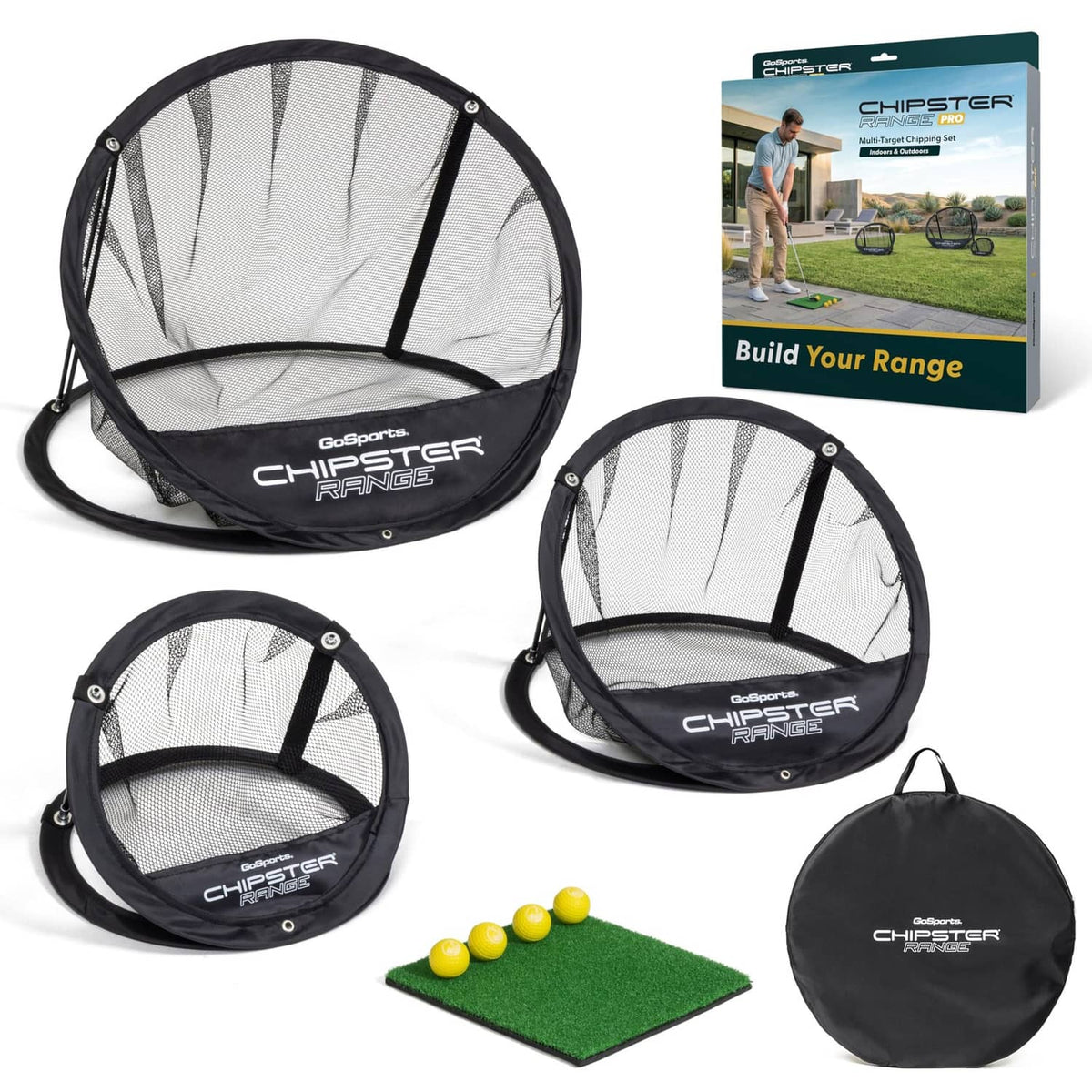 Portable golf chipping net set with three frames, hitting mat, and carry bag
