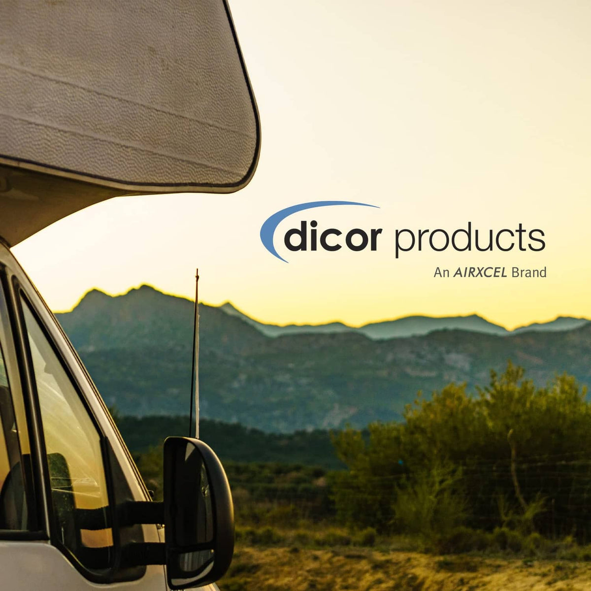 Dicor products AirXcel brand logo on outdoor RV service graphic