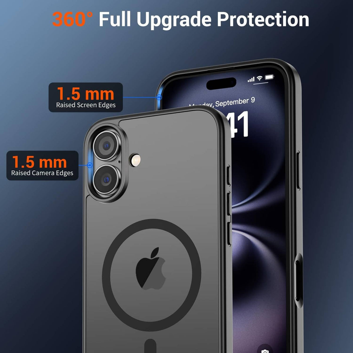 Black iPhone case with circular magnetic panel and raised edges around cameras