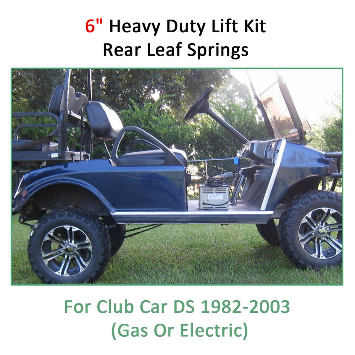 Golf cart rear leaf spring lift kit installed on a blue golf cart frame