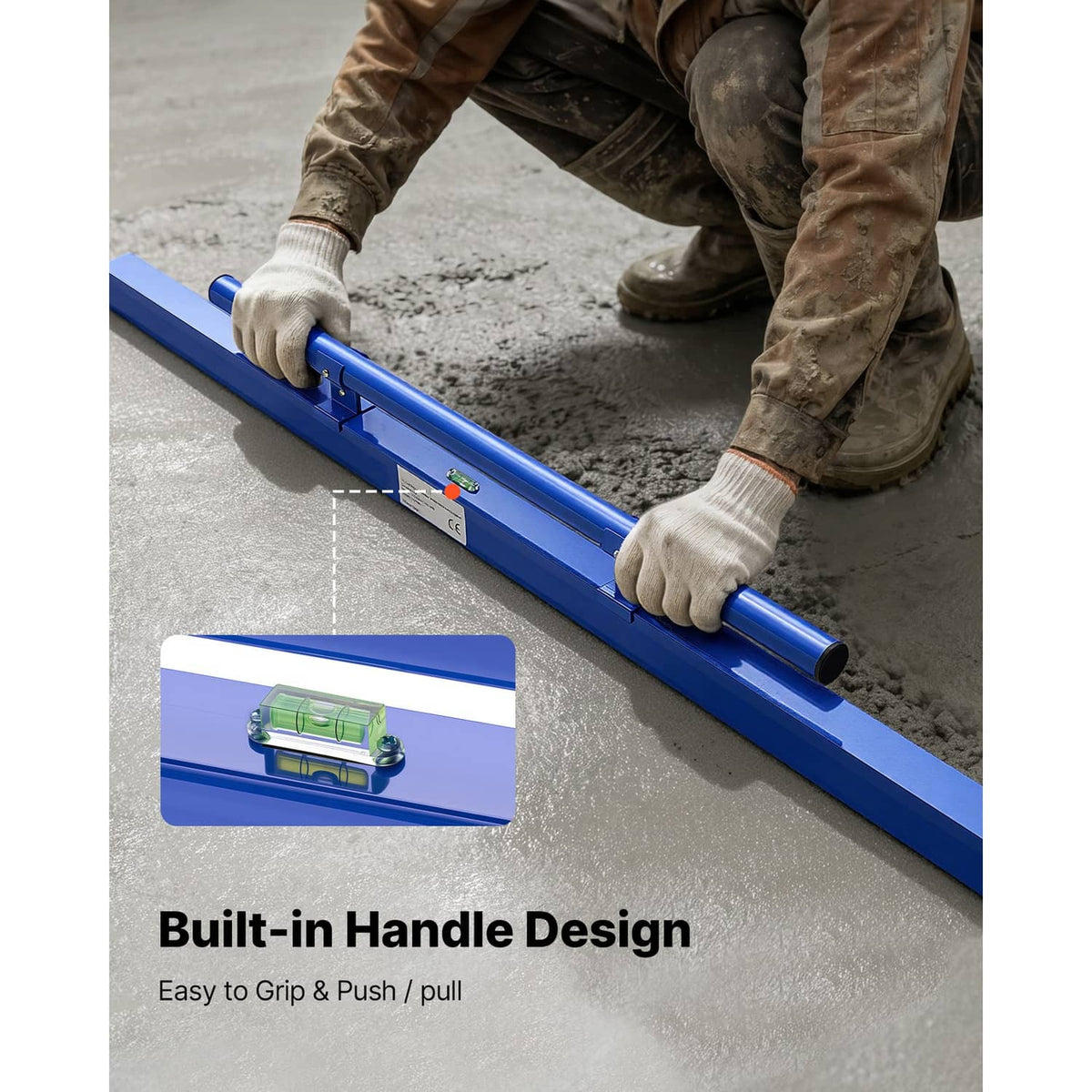 Blue concrete screed board with built-in grip handle for manual leveling