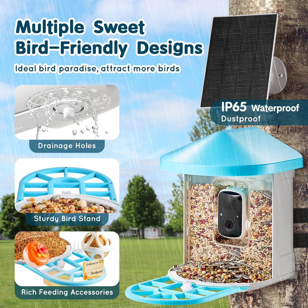 Smart bird feeder with camera, blue roof, and accessory stand plus waterproof solar panel.