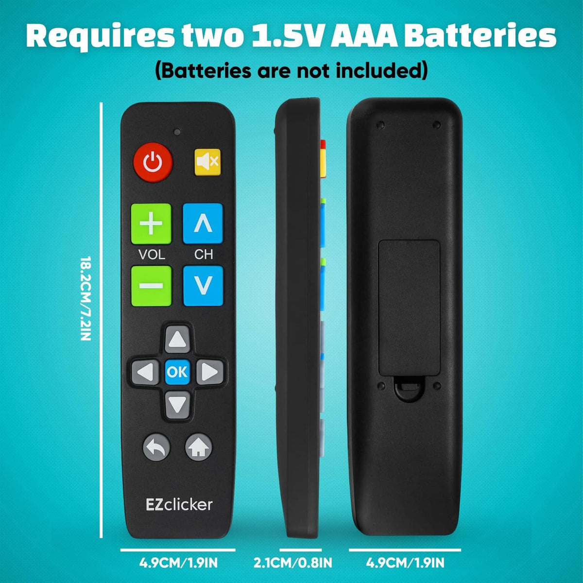 RivetOak EZclicker Big Button Universal TV Remote (Black) Simple Easy to Use, Black