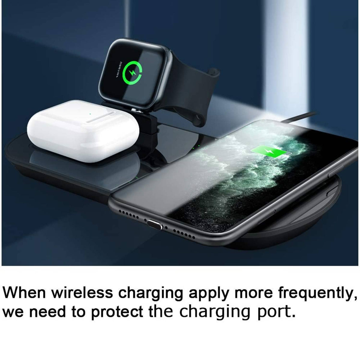 Cable end protectors in black and white on a phone near wireless charging