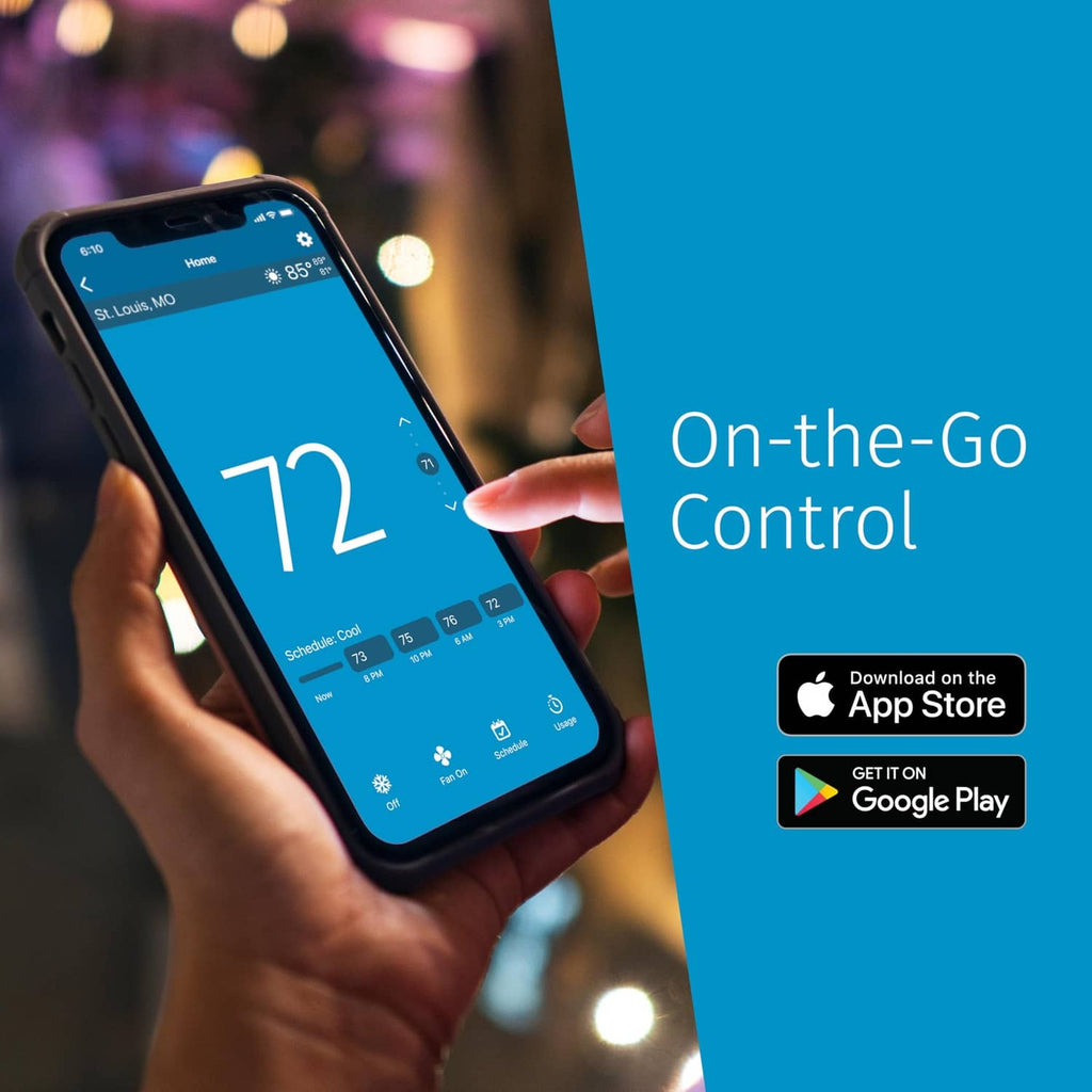 Black WiFi smart thermostat with digital temperature display, shown in hand with phone control