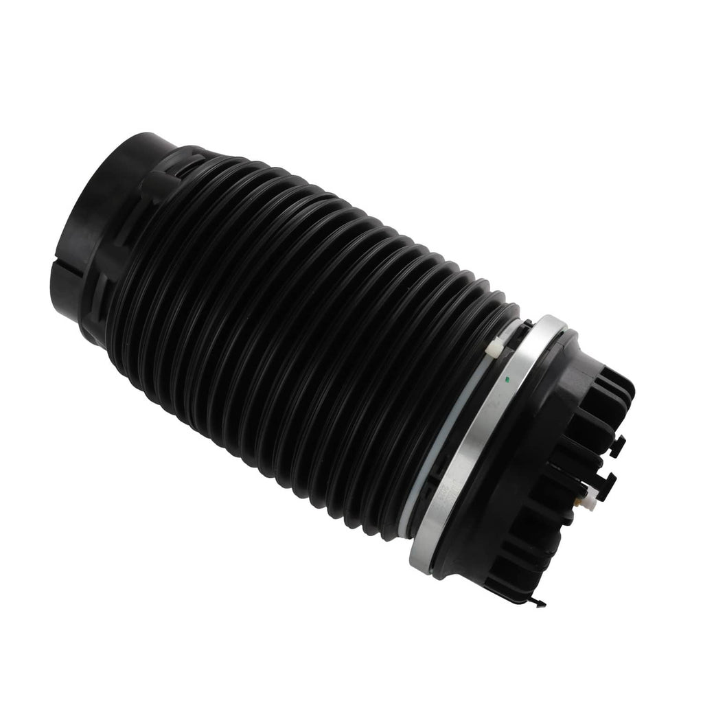 Air suspension strut side view with black bellows and metal ring at the base