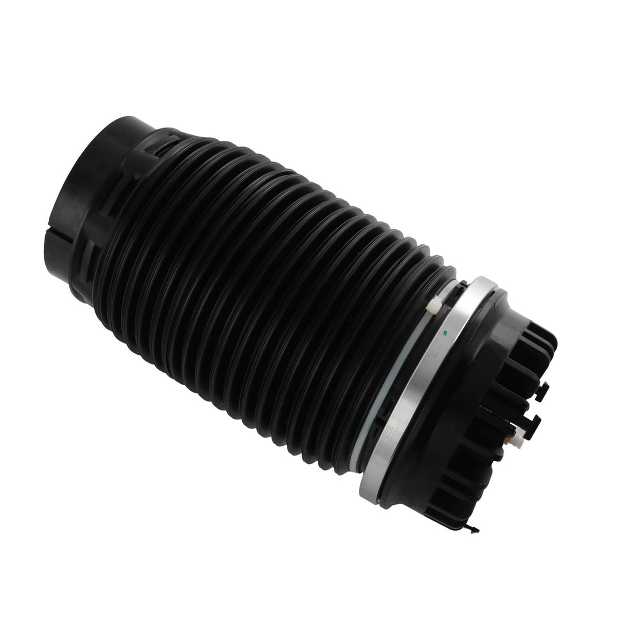 Air suspension strut side view with black bellows and metal ring at the base
