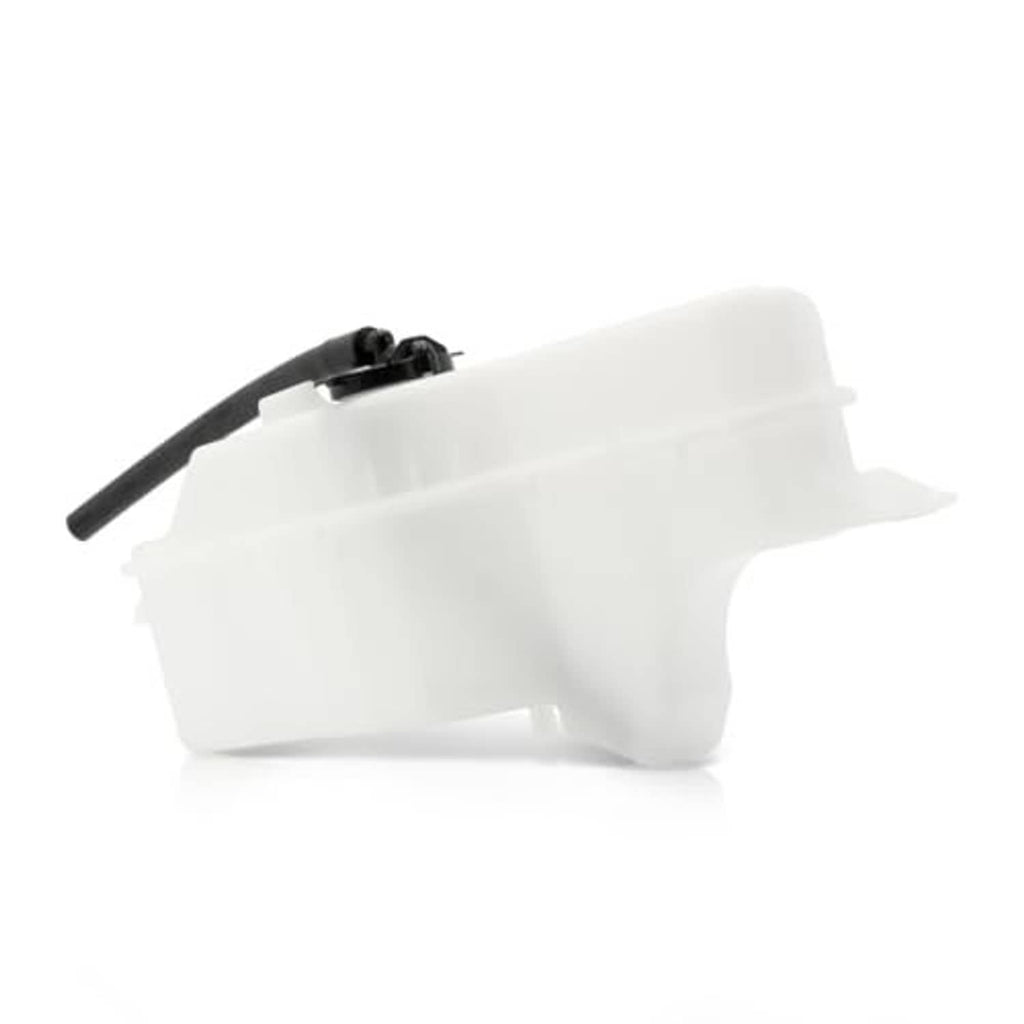 White coolant recovery tank with black hose and black fastener detail on top.