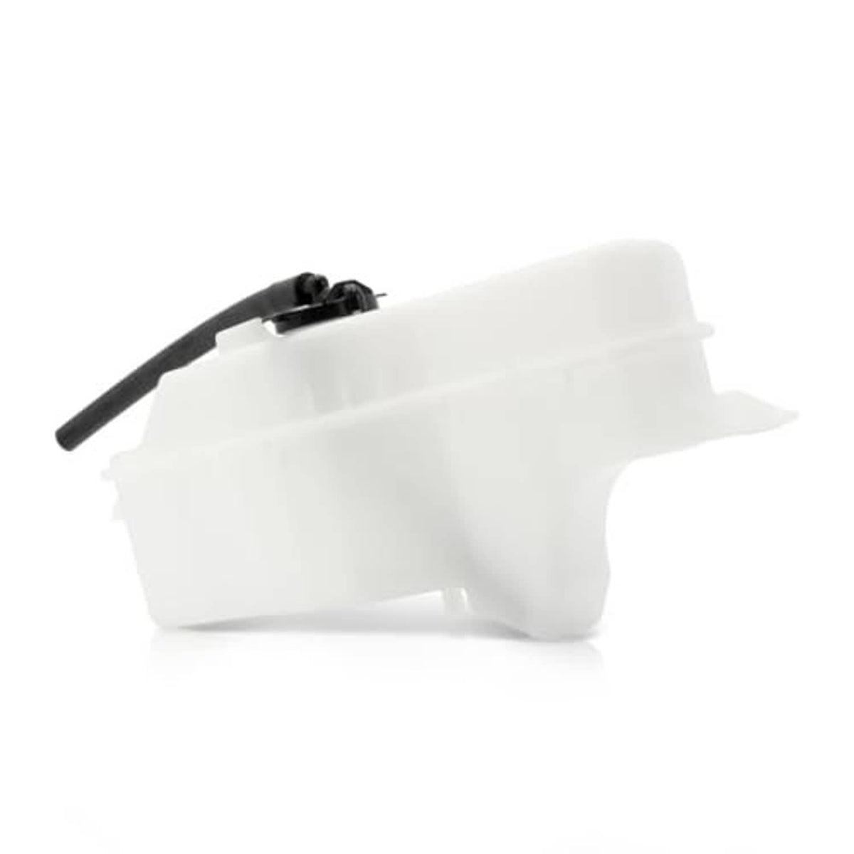 White coolant recovery tank with black hose and black fastener detail on top.