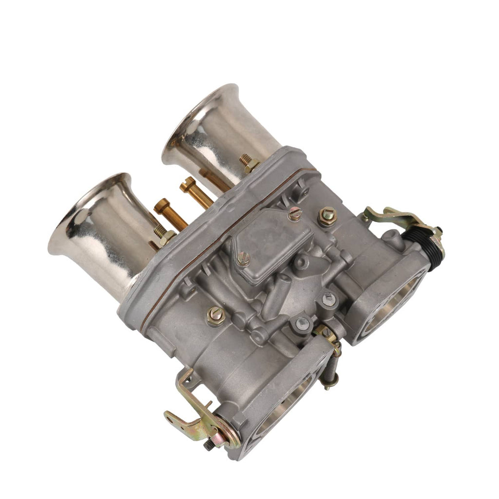 Carburetor with two intake outlets, gray housing, and mounted vacuum/connection parts