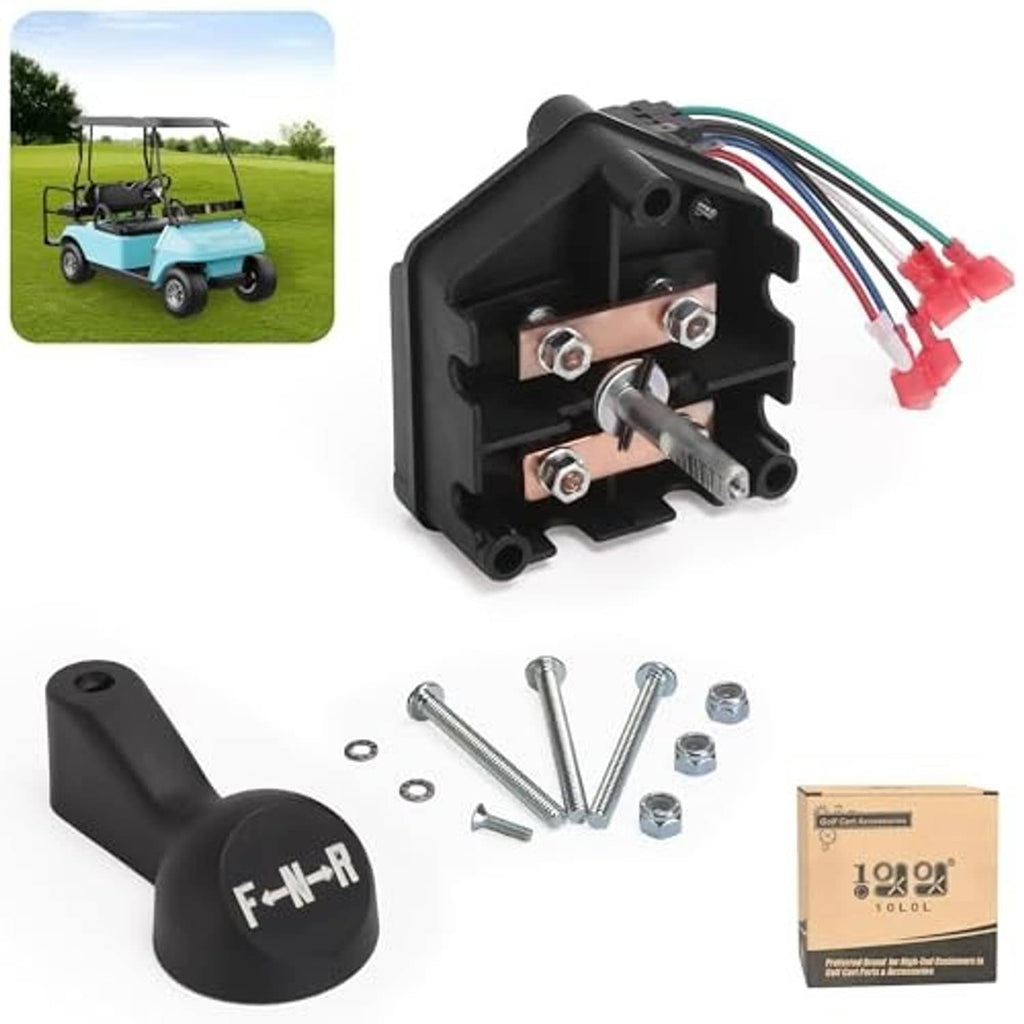 Golf cart forward/reverse switch assembly with black shift handle, terminals, and wire leads