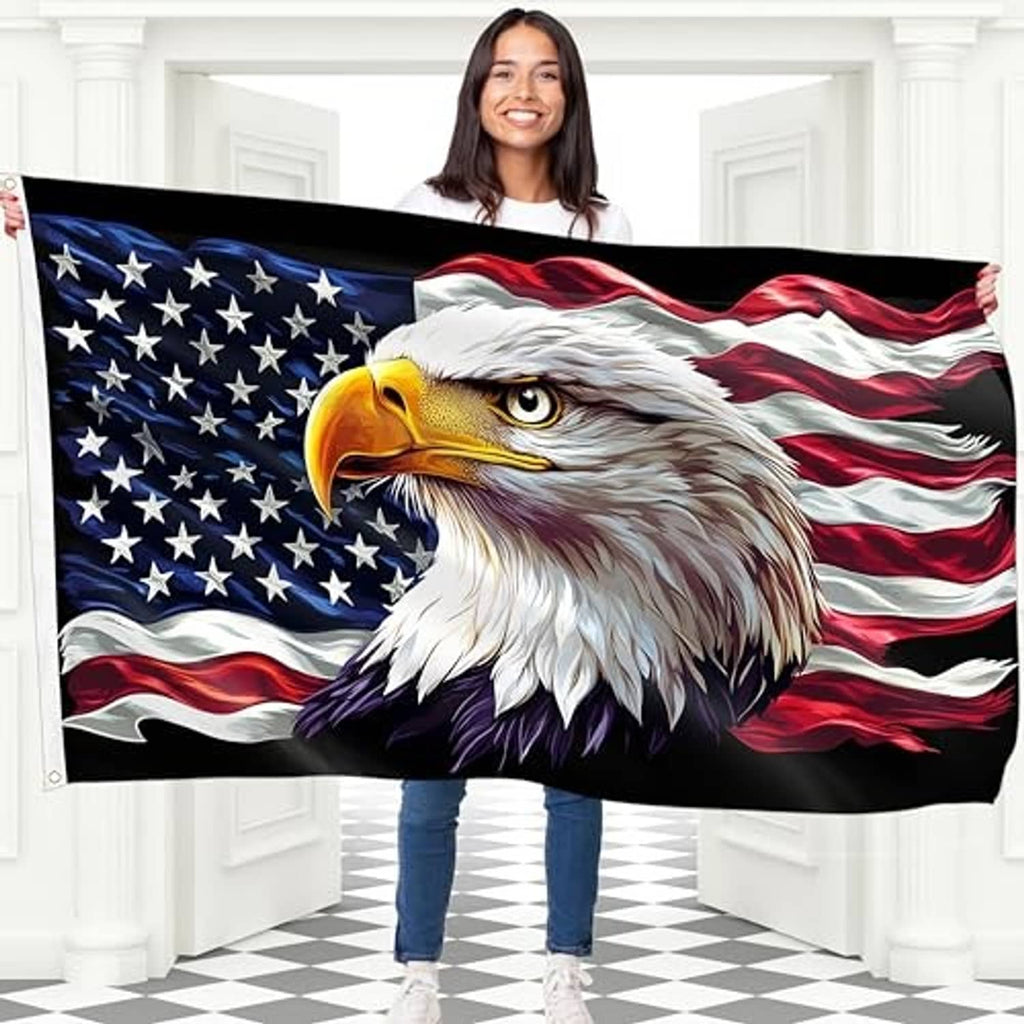 Bald eagle patriotic flag showing stars-and-stripes eagle portrait in bold colors