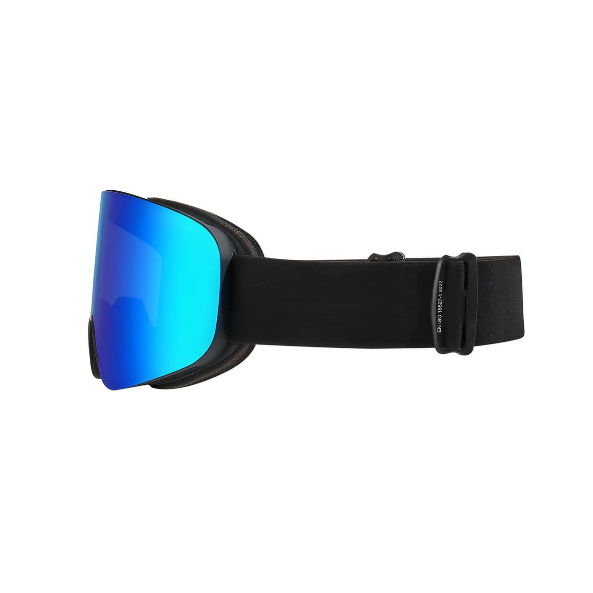 Blue mirrored ski goggles with black strap and side-profile cylindrical lens