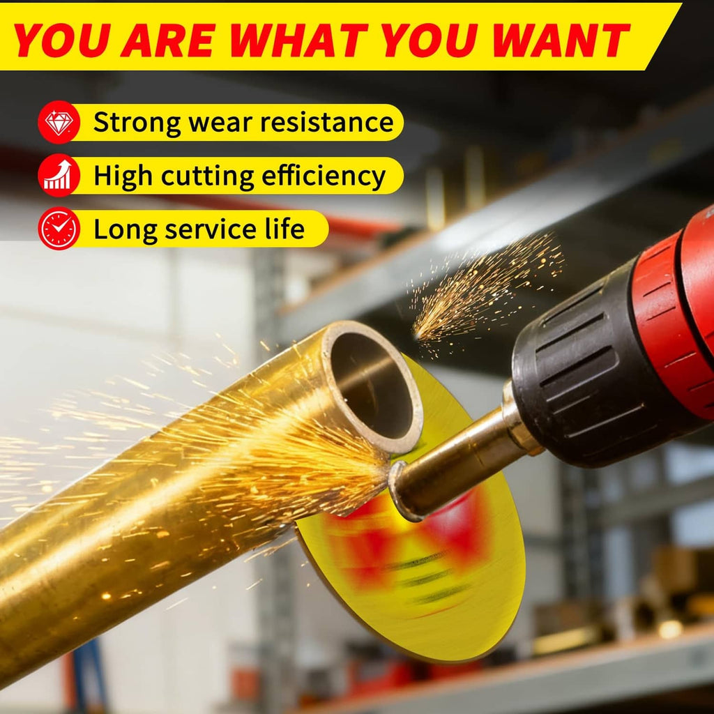 Angle grinder cutting metal with sparks; yellow disc and red center label visible