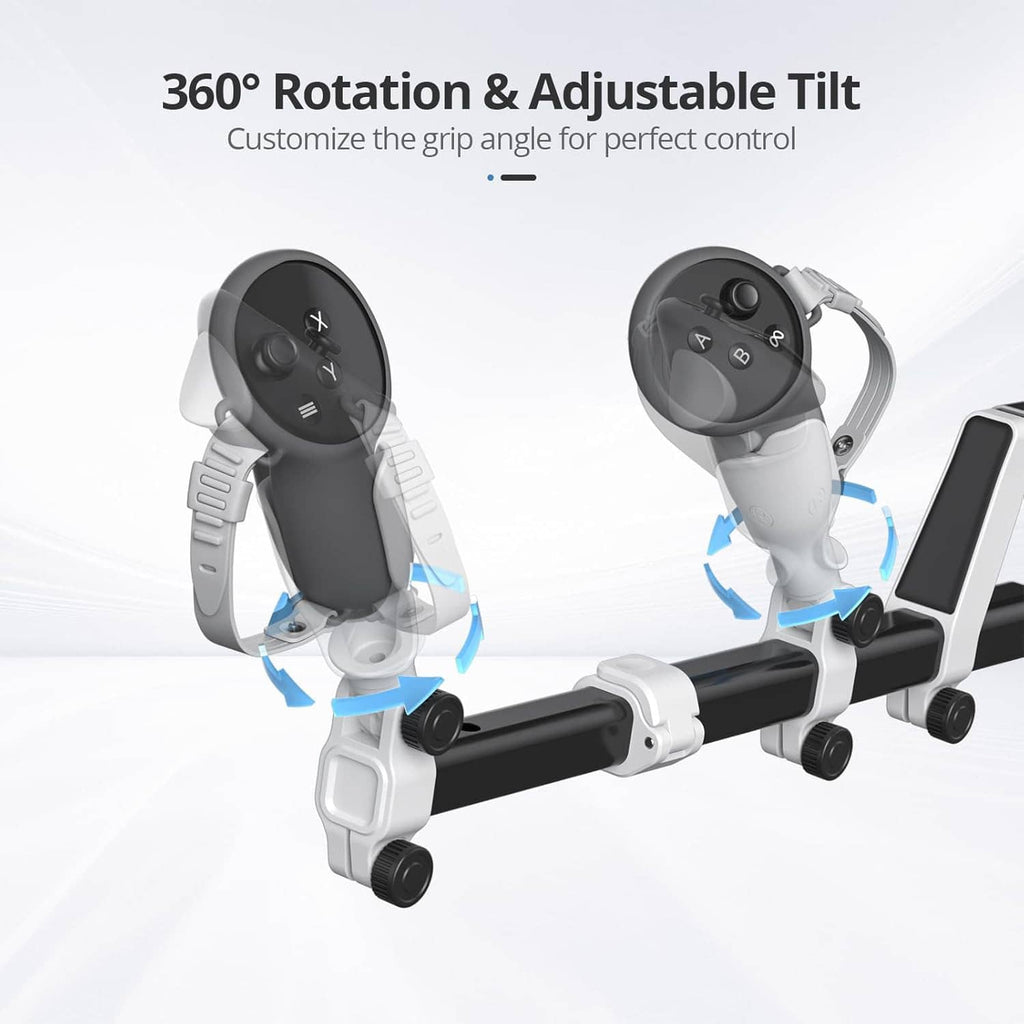 White VR gunstock with black rail featuring rotating and tilting controller mount