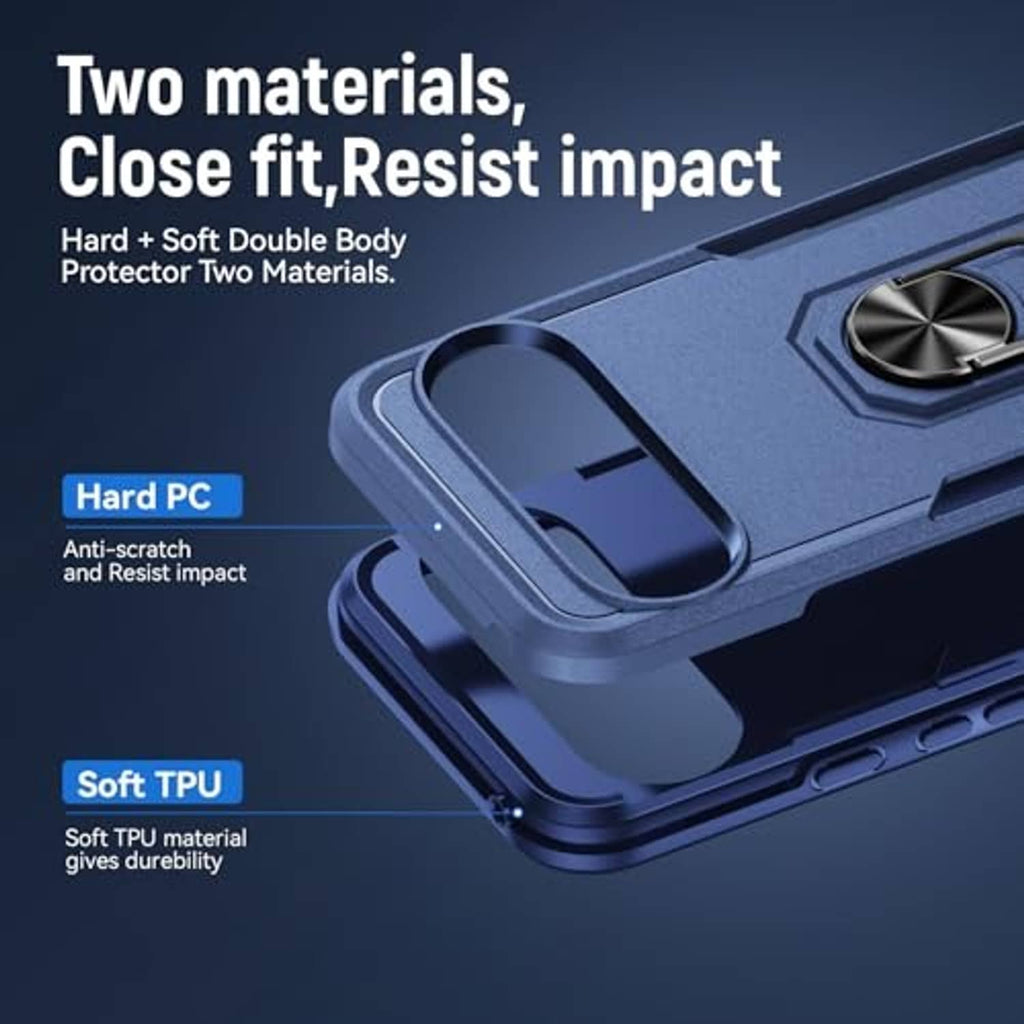Dark blue two-material protective phone case with raised corners and camera cutout.