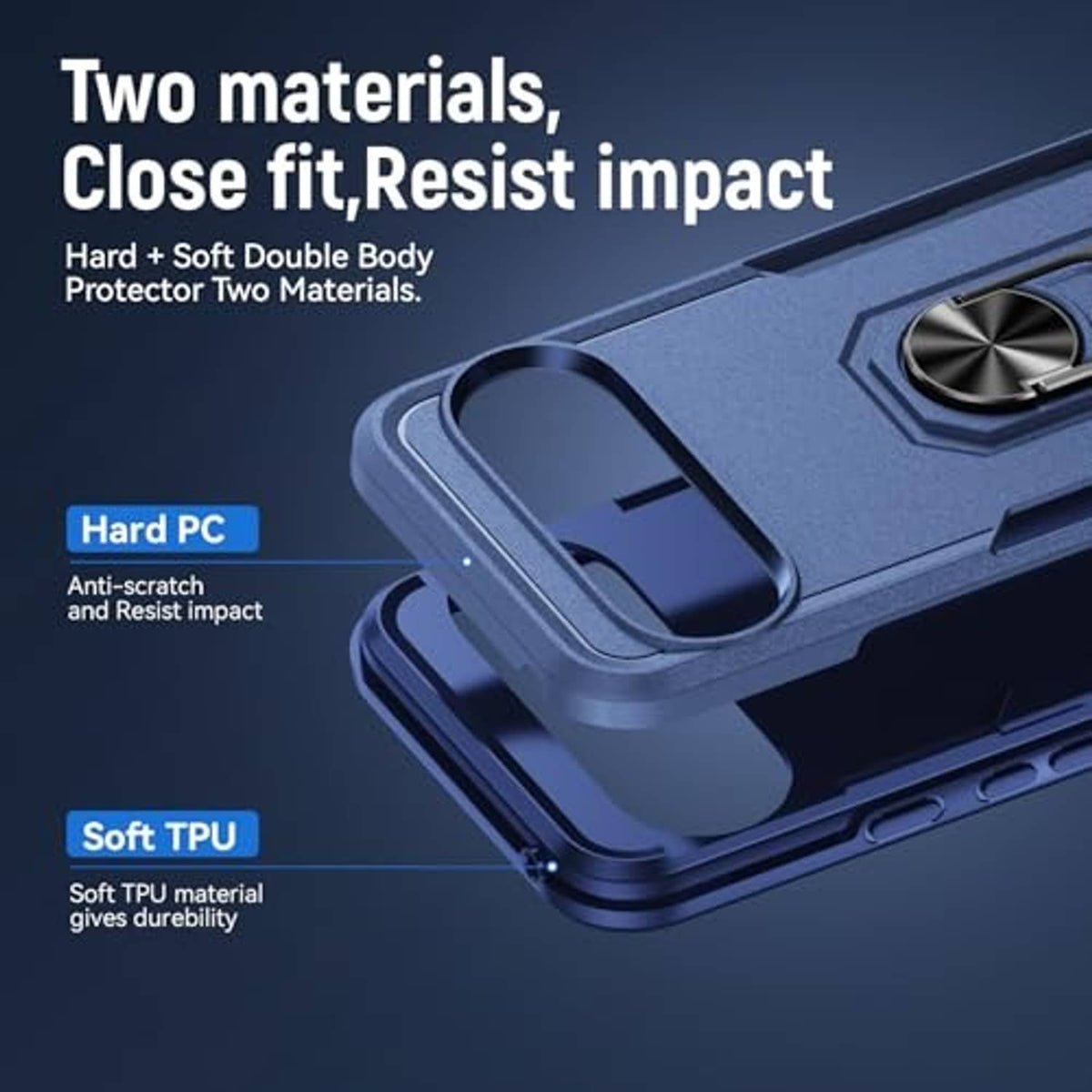 Dark blue two-material protective phone case with raised corners and camera cutout.