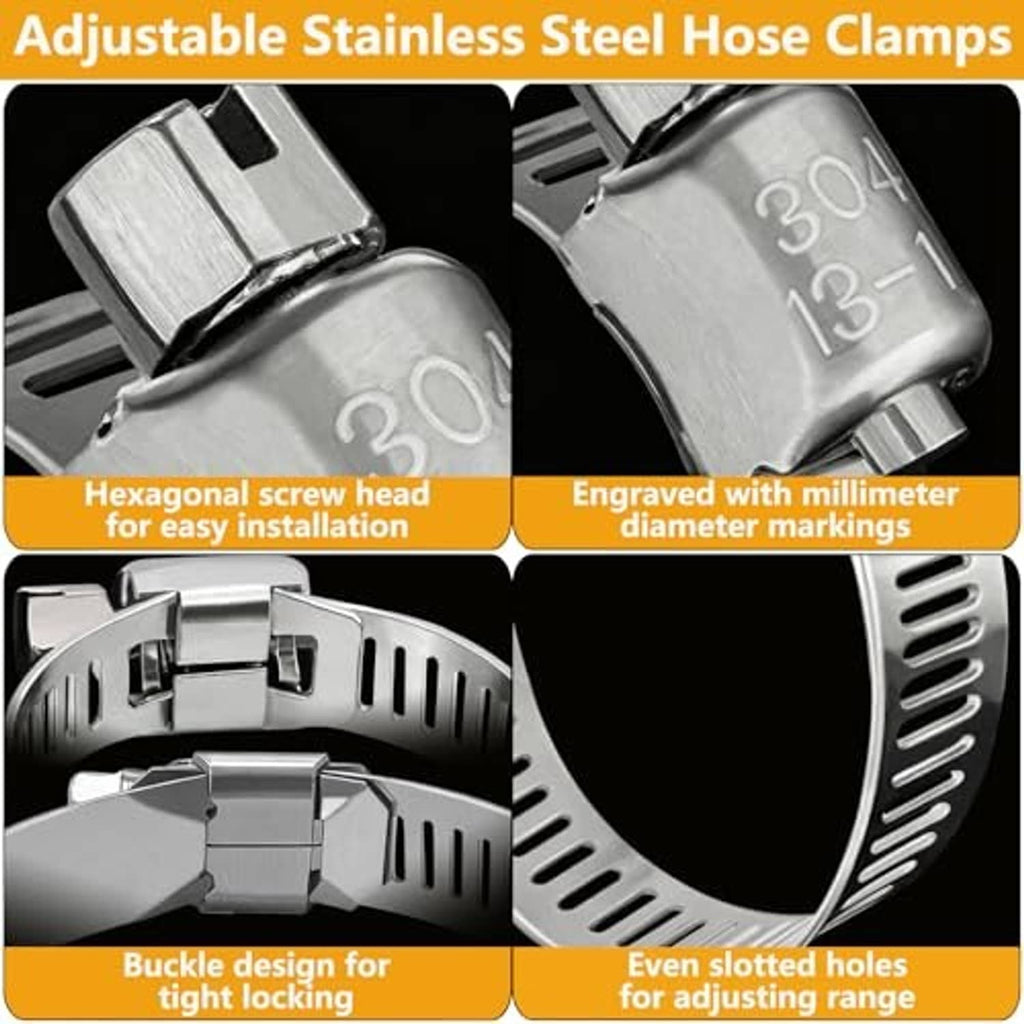 Close-up features of stainless steel hose clamps with hex screw head and engraved markings