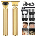 Cordless gold beard and hair trimmer with textured body and detachable cutting head.