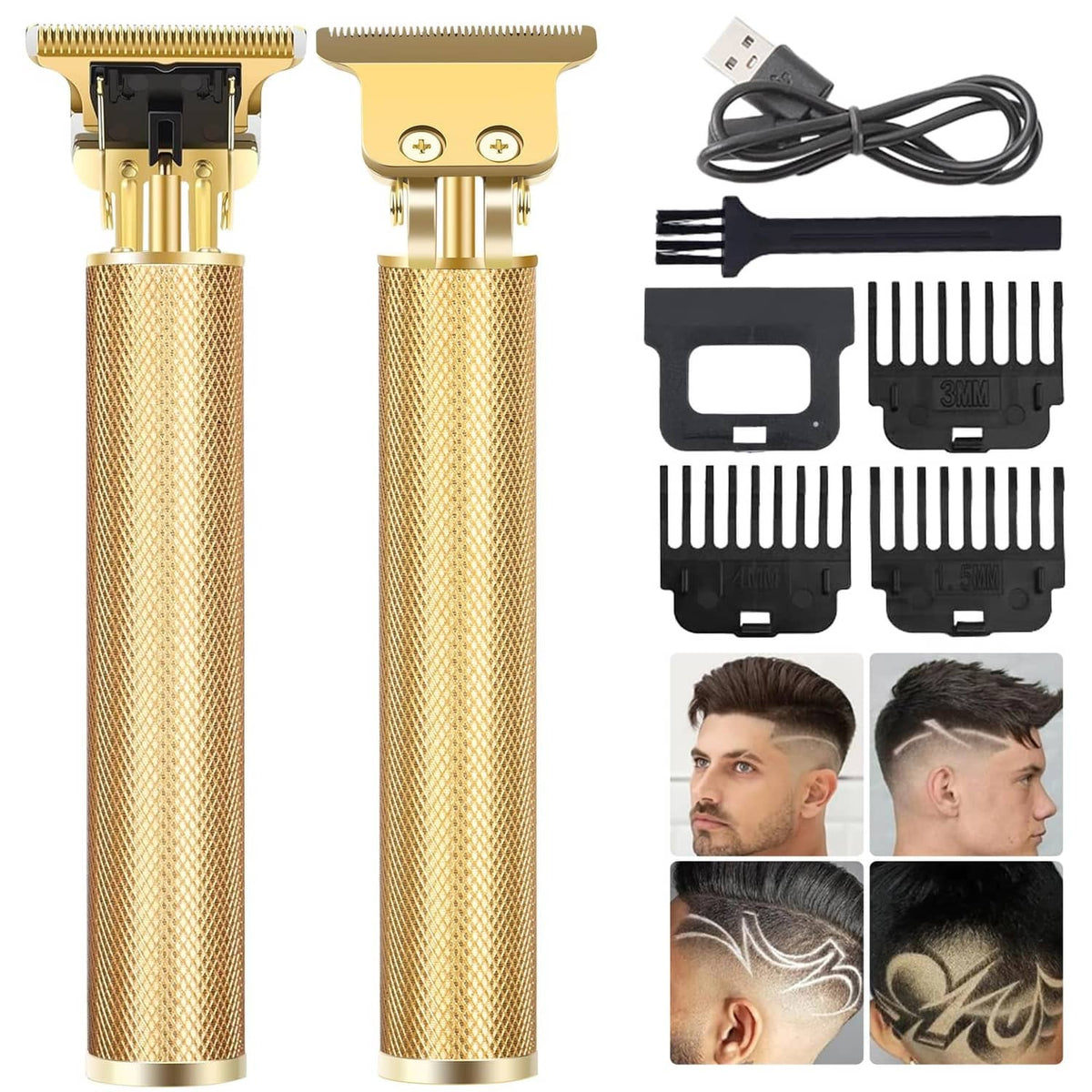 Cordless gold beard and hair trimmer with textured body and detachable cutting head.