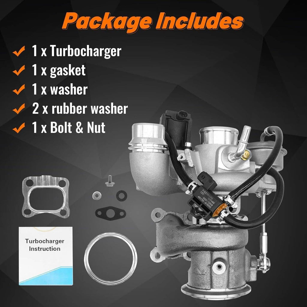 Turbocharger kit with silver unit, gasket ring, washers, and electrical wiring harness