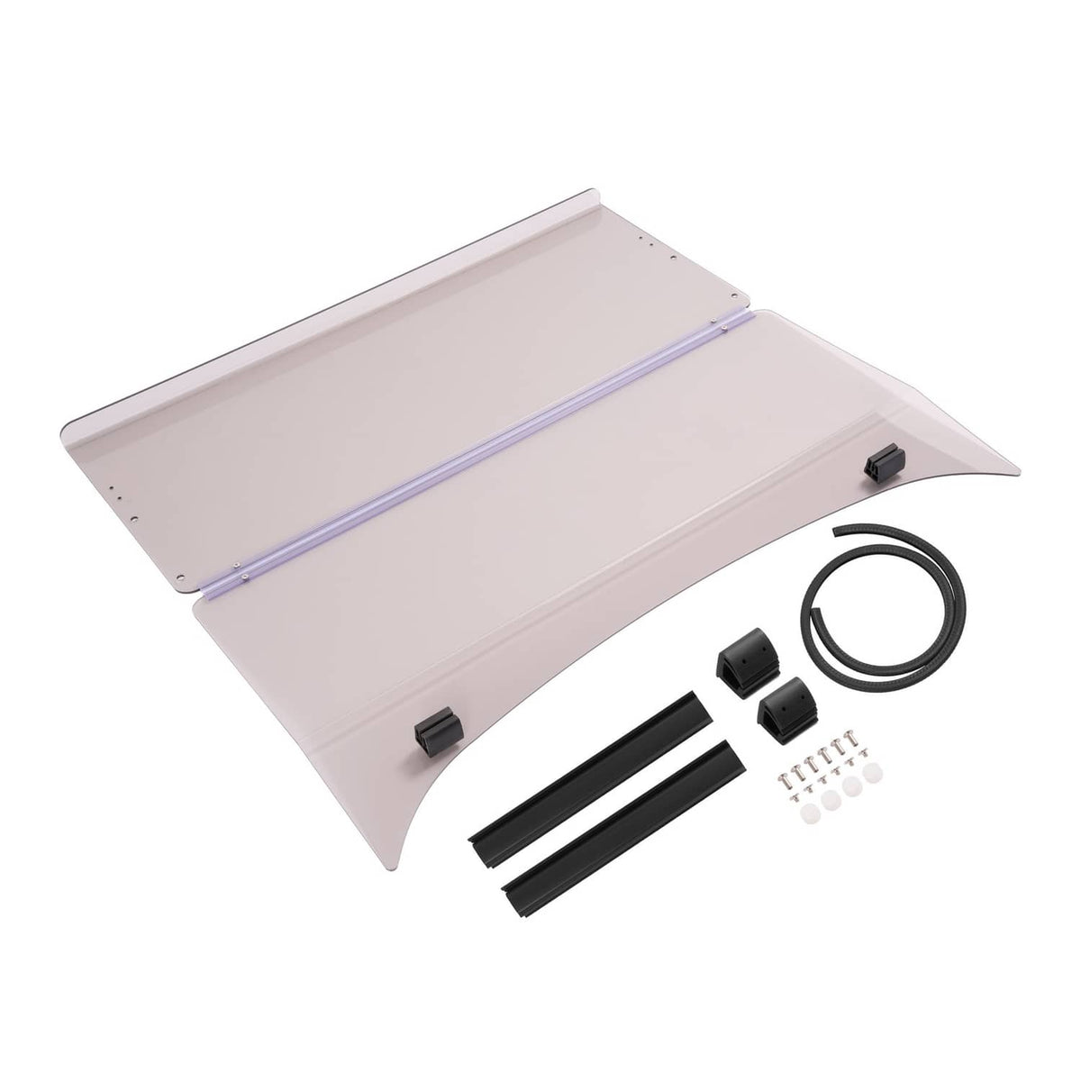 Tinted golf cart windshield kit with clear panel, black rails, seal ring, and screws