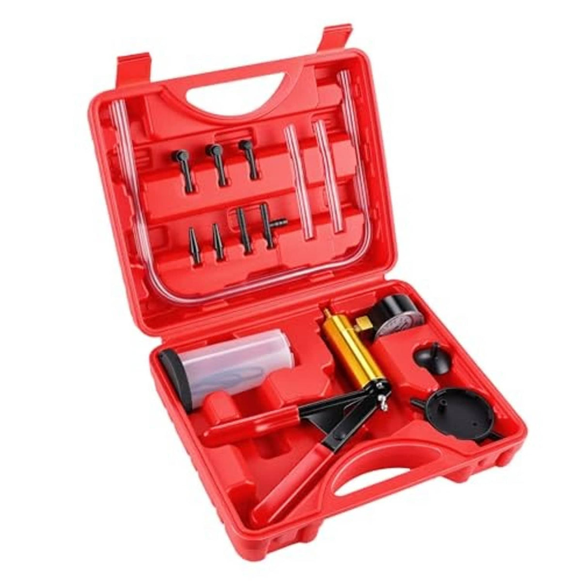 Open red brake bleeder kit case with vacuum pump and adapter set