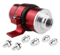 Red inline fuel filter with black strap and silver AN fitting ports, includes adapters