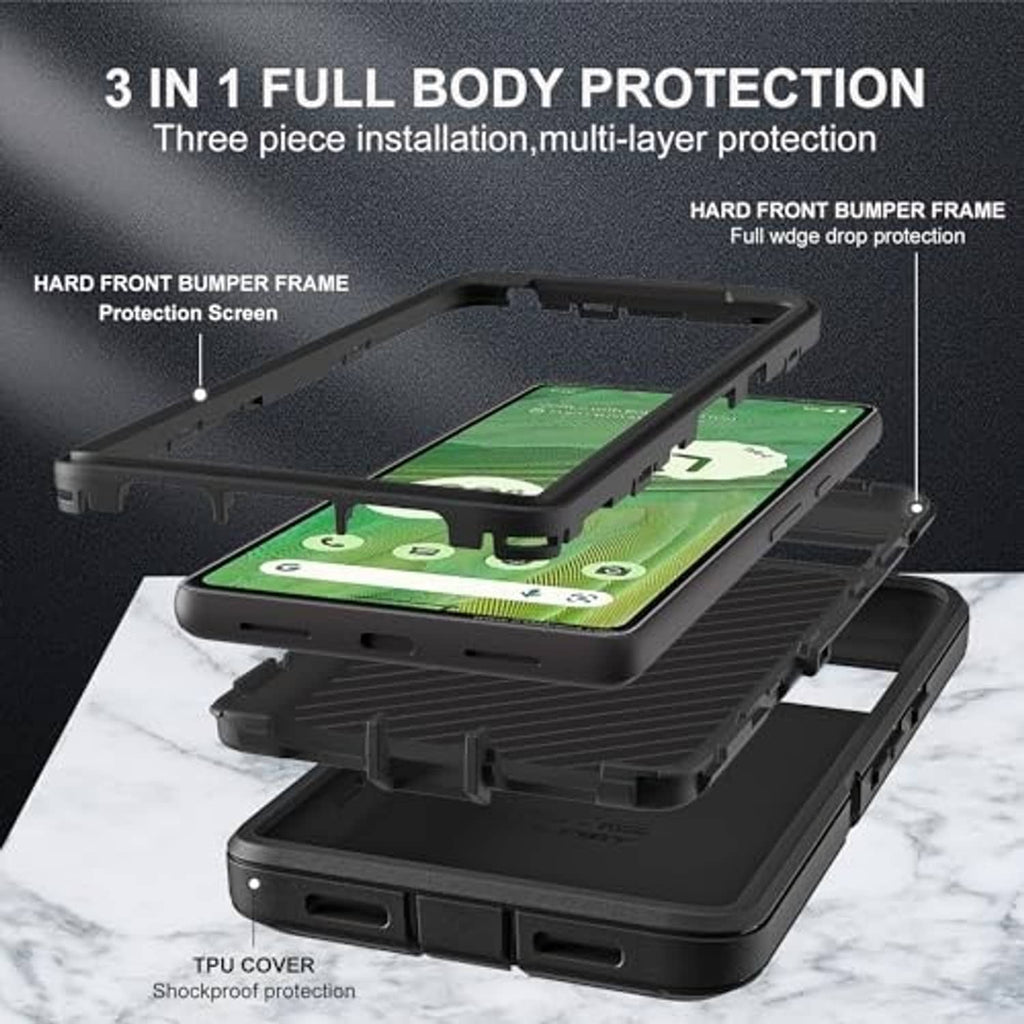 Black 3-piece full body phone case set with layered TPU cover and front bumper frame