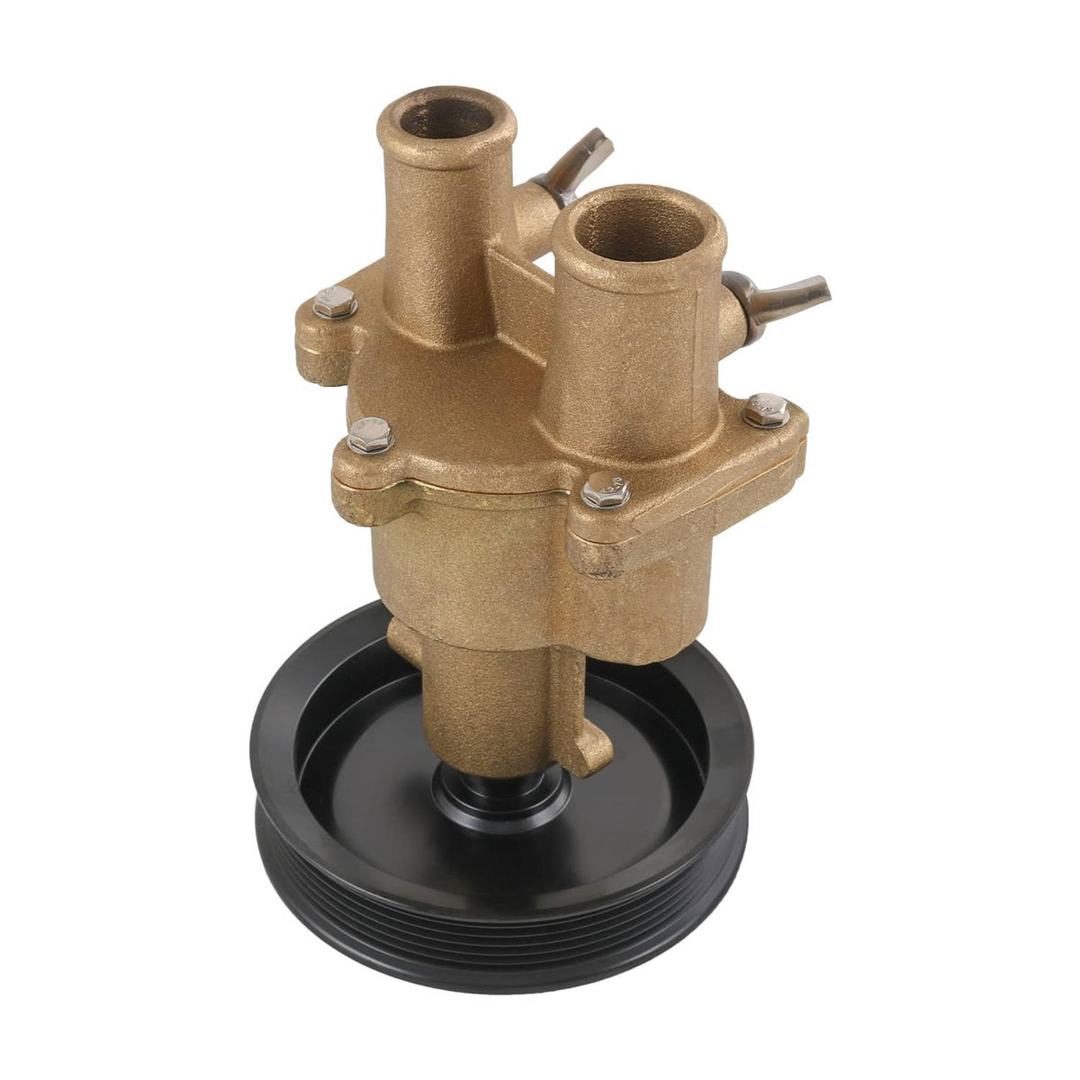 Raw water pump with black pulley and brass housing, front view