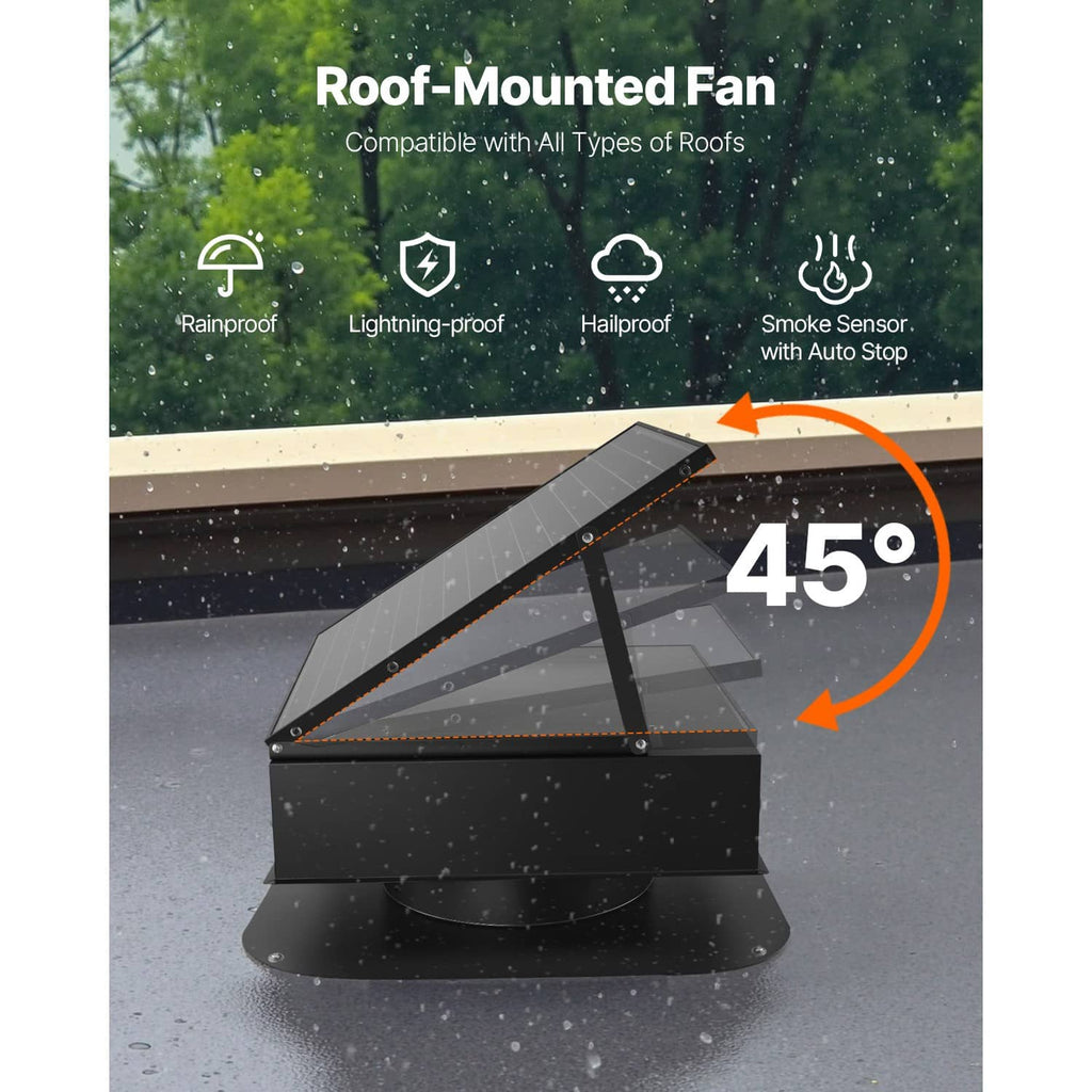Roof-mounted solar fan with smoke-sensor auto-stop feature shown on roof