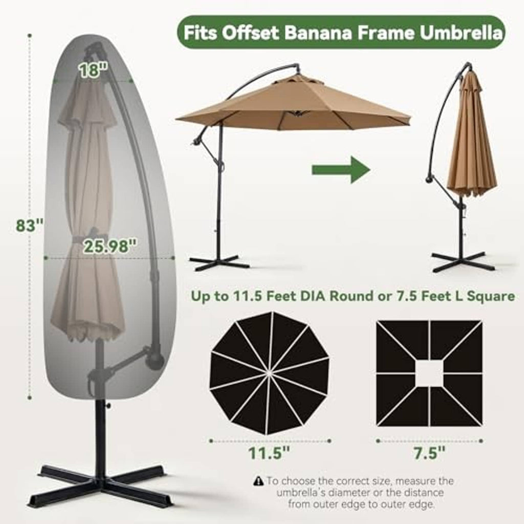 Black cantilever umbrella cover with size fit diagram for offset banana frame