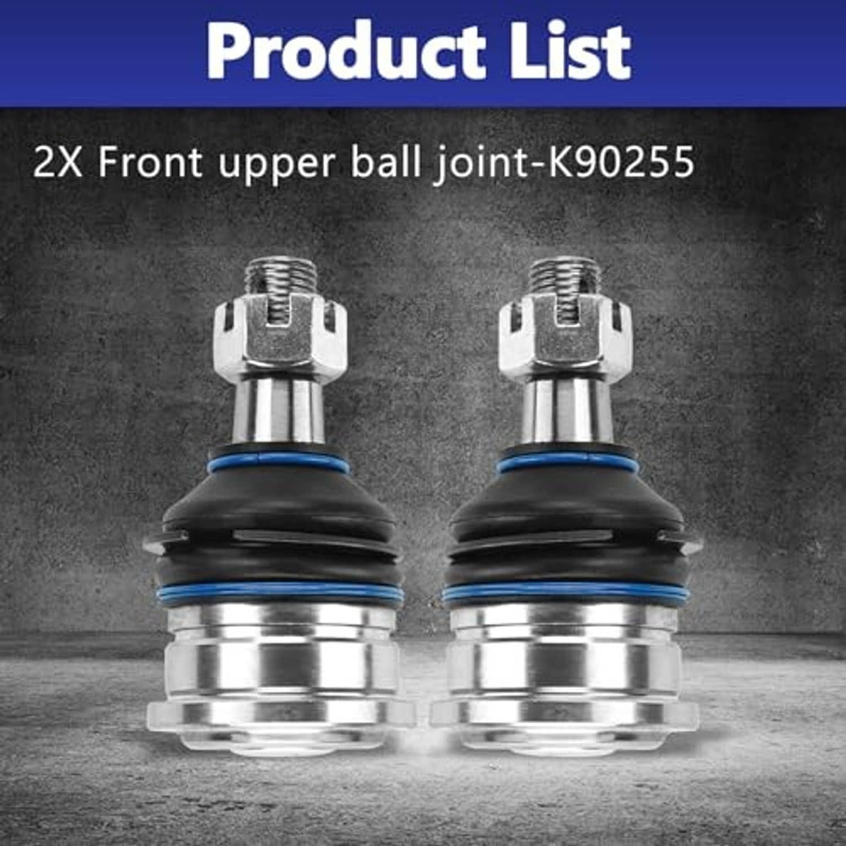 Pair of front upper ball joints with blue rings and polished metal base