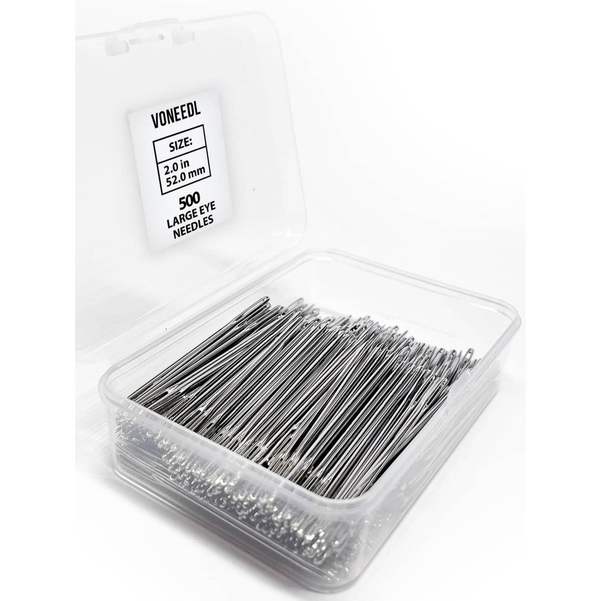 500-pack large-eye sewing needles in clear storage case, stainless steel