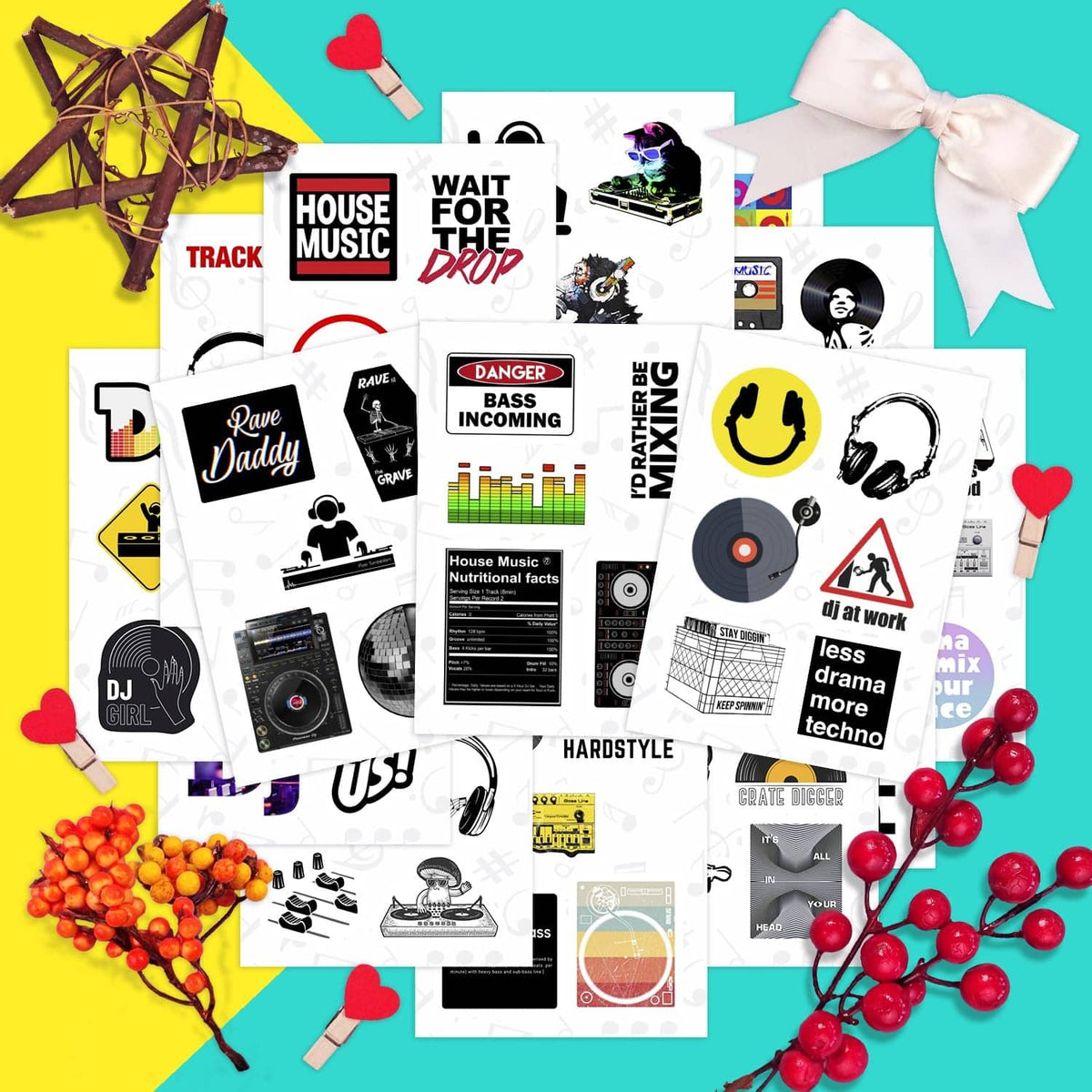 DJ sticker bundle with various cutout icons, including 'Track ID?' and 'Wait for the Drop'